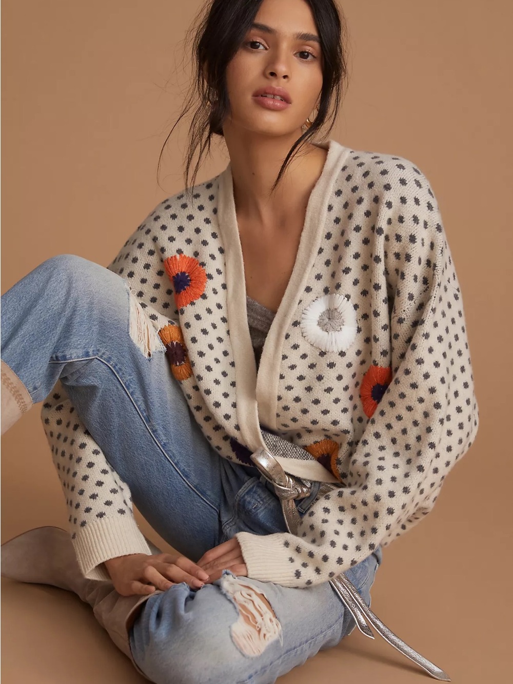 Bel Kazan Anthropologie Floral Embroidered Cardigan Boho OS